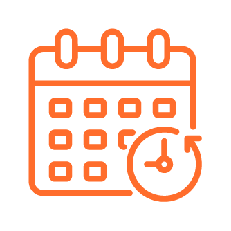 Orange calendar icon with a clock on a white background