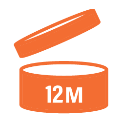 Orange baby growth band with '12M' marking on a white background