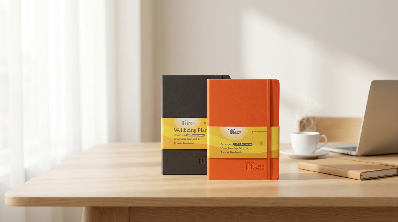 Two notebooks, one black and one orange with a yellow label, on a wooden desk with a laptop and cup in the background.