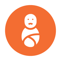 Logo with a stylized figure inside an orange circle on a white background