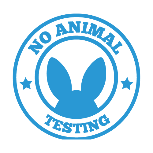 Blue 'No Animal Testing' logo with a rabbit silhouette on a white background