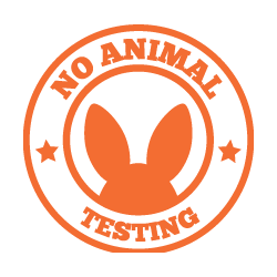 Orange 'No Animal Testing' logo with a rabbit silhouette on a white background