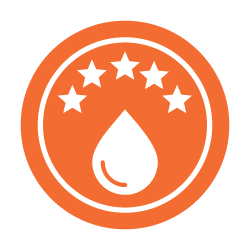 Five-star rating icon with a water droplet symbol on an orange background